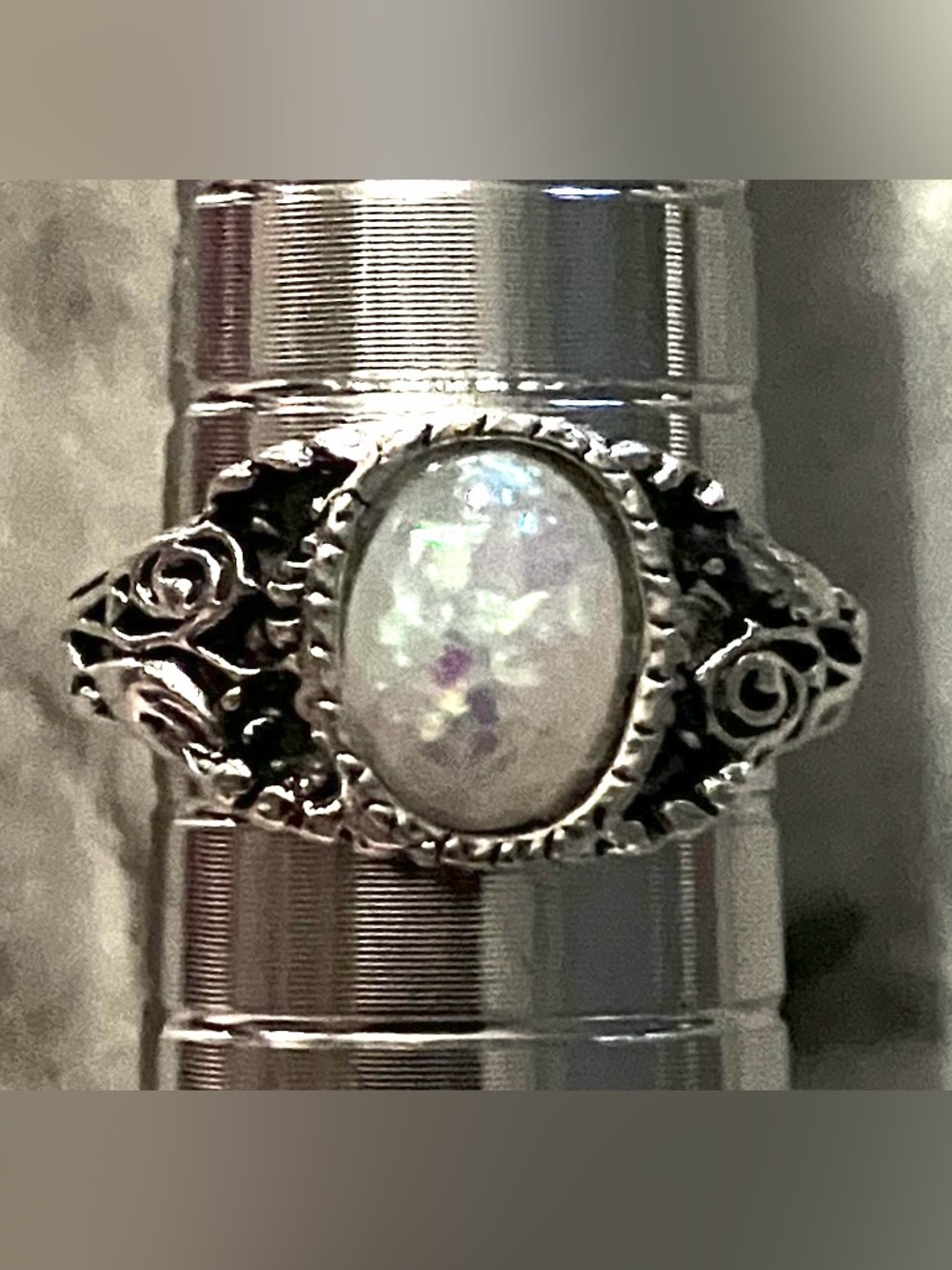 Opal Filigree Ring - White oval shaped silver tone size 5.5